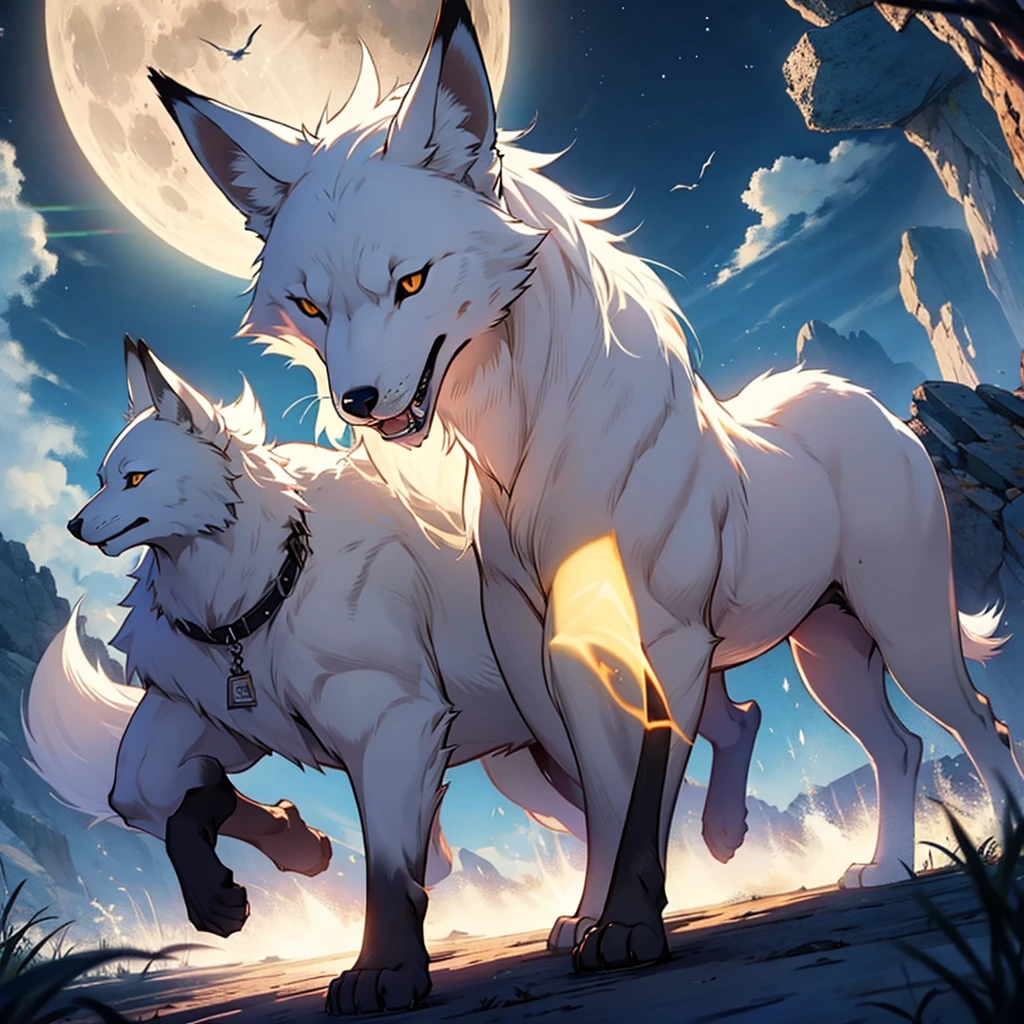 Moonlit night, A white fox with nine tails runs, Active fox behavior, angry fox