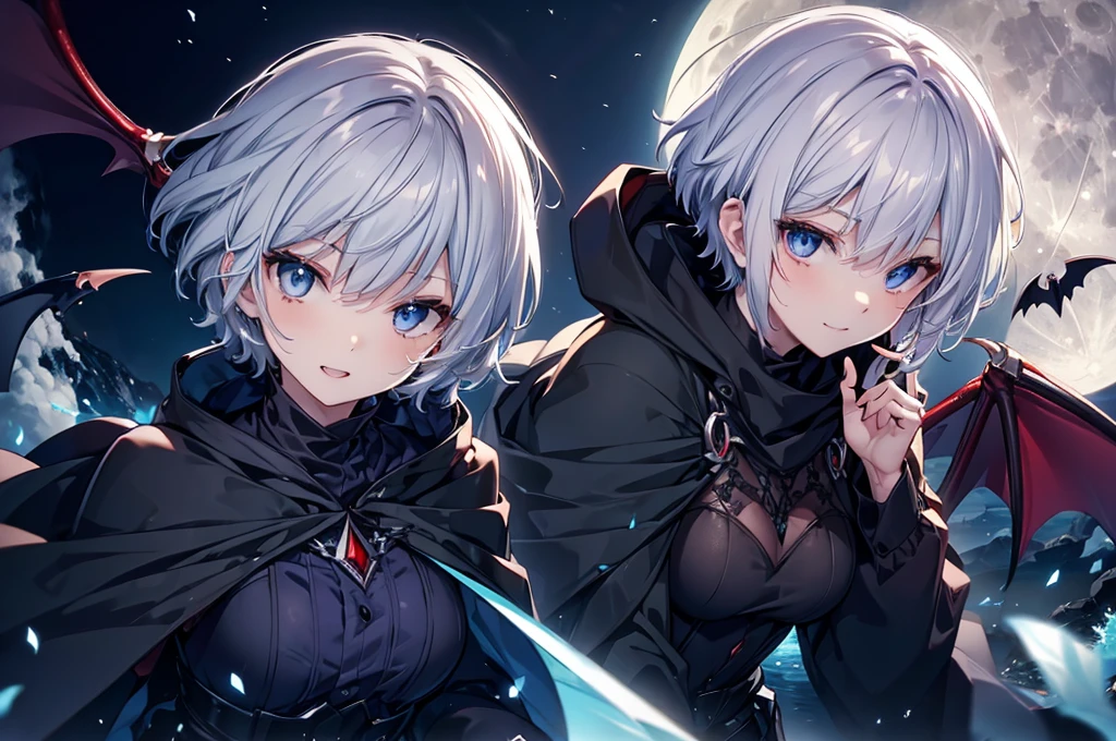 ((((vampire　Inflammation))))　(((Gray Hair　short hair　blue eyes　woman　Center close-up)))，((night　full moon　My own big wings))，(Wearing a hood　Black camisole　Purple light　Wearing a cape)，　Creepy Smile　Showing teeth　Shining Background　Shining Edges