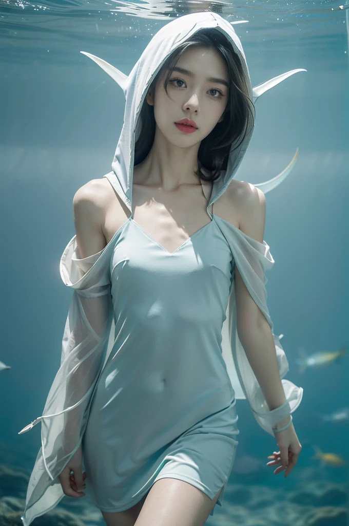 (((best quality))),(((ultra detailed))),(((masterpiece))),illustration,(1 beautiful girl,shark girl,solo),((slim,thin,small breasts,flat chest)),aquarium,summer night,(sleek sharkhead-hooded shirt-dress:1.3),shimmering hues,enchanting aura,(shoulder length straight bob hair:1.2),ocean-blue locks,shiny seaweed,porcelain skin,neon lights,emerald eyes,sharp gaze,delicate shark fin,translucent membrane,dancing fish,vibrant colors,undulating water,salty scent,distant waves,coral reef,gentle shadows,serene ambiance,electric atmosphere,Alezandra,oceanic magic,allure,enchantment,vision,extraordinary presence,((from front,upper body))