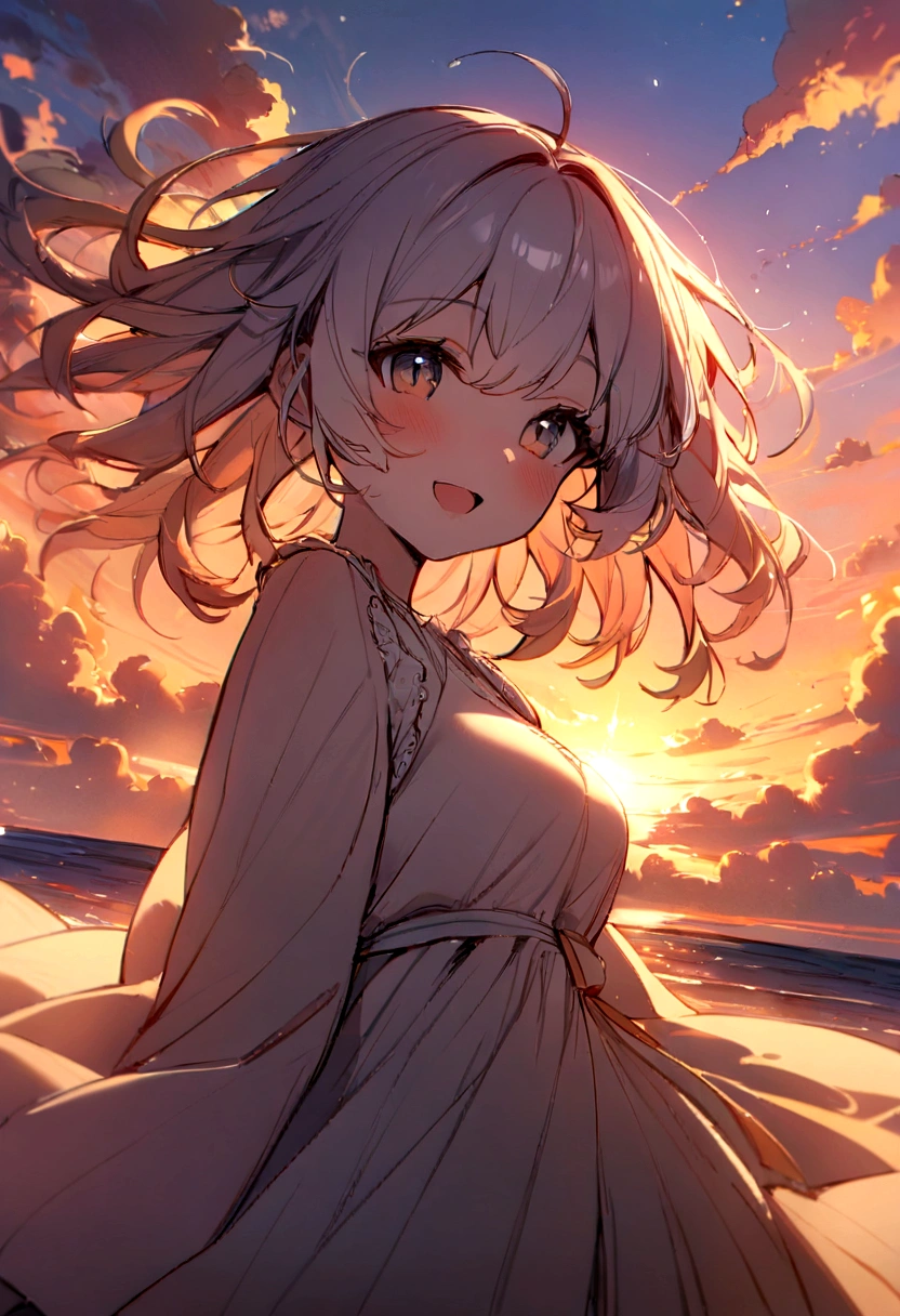 "masterpiece, best quality, Static, 1 girl, Cloud Girl, Floating in the sky, prospect, bright, Happy, Soft warm lighting, Sunset, spark: 0,7"