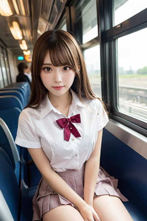 girl、校服、Adults、skirt by the、white panty、Panchira、School route、Spring season、top-quality、超A high resolution、(Photorealsitic:1.4)、Beautiful eyes、Super beauty、Shorthair、Beautiful breasts、Inviting look、Sexy smile、Perfect style、Perfect balance、Detailed skin、Naughty gaze、Train seats、opening legs