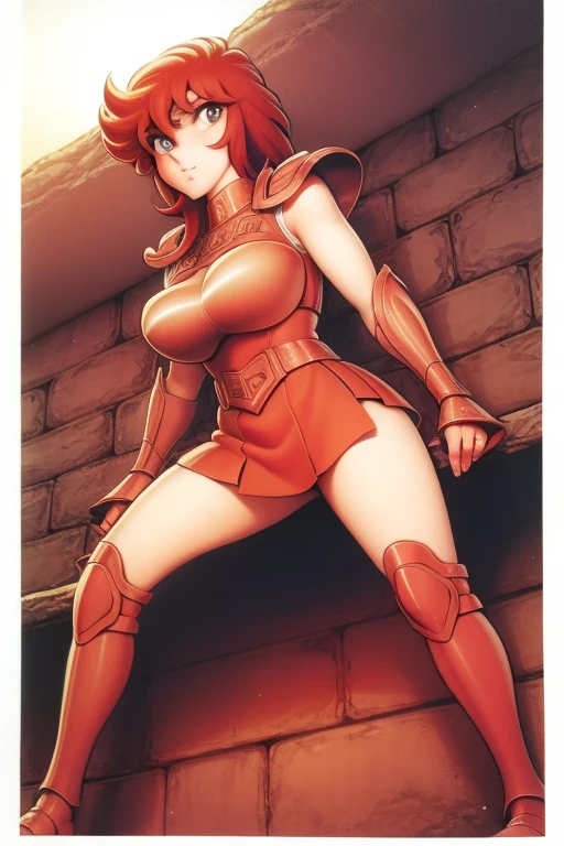 Tomboy, Full Armor ,Large Breasts, whole body, Redhead, smile, boots