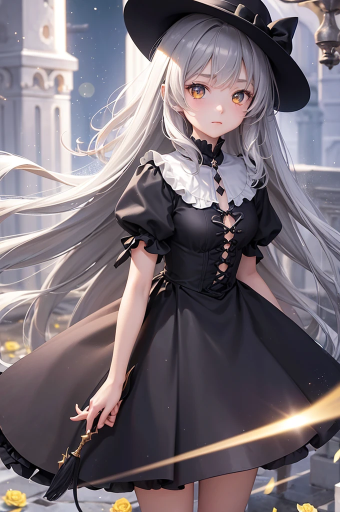 1 girl, expressionless, Japanese face, 16 years old, cute girl, have one's hair cut in a row and Hide your forehead with bangs and hairstyle with the bangs cut in half and Beautiful straight light gray long hair, beautiful yellow and golden eyes, thin body, No muscles, Roses and Camellia, Moonlight and Castle, wizard, Big magic wand, gothic skirt, magical girl, little Medieval Dress, Princess Dresses, Big black hat, light particles, light sparkles, lens flare, Light particles, Magic light, strong light