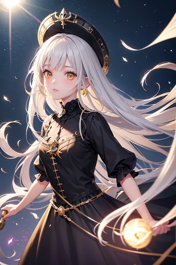 1 girl, expressionless, Japanese face, , cute girl, have one's hair cut in a row and Hide your forehead with bangs and hairstyle with the bangs cut in half and Beautiful straight light gray long hair, beautiful yellow and golden eyes, thin body, No muscles, Roses and Camellia, Moonlight and Castle, wizard, Big magic wand, gothic skirt, magical girl, little Medieval Dress, Princess Dresses, Big black hat, light particles, light sparkles, lens flare, Light particles, Magic light, strong light