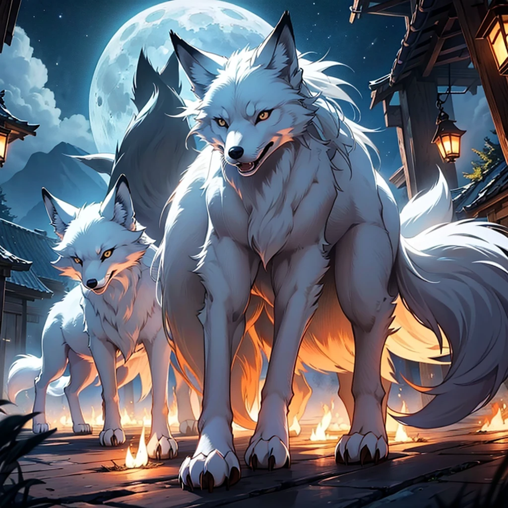 Moonlit night, A white fox with nine tails runs, Active fox behavior, angry fox