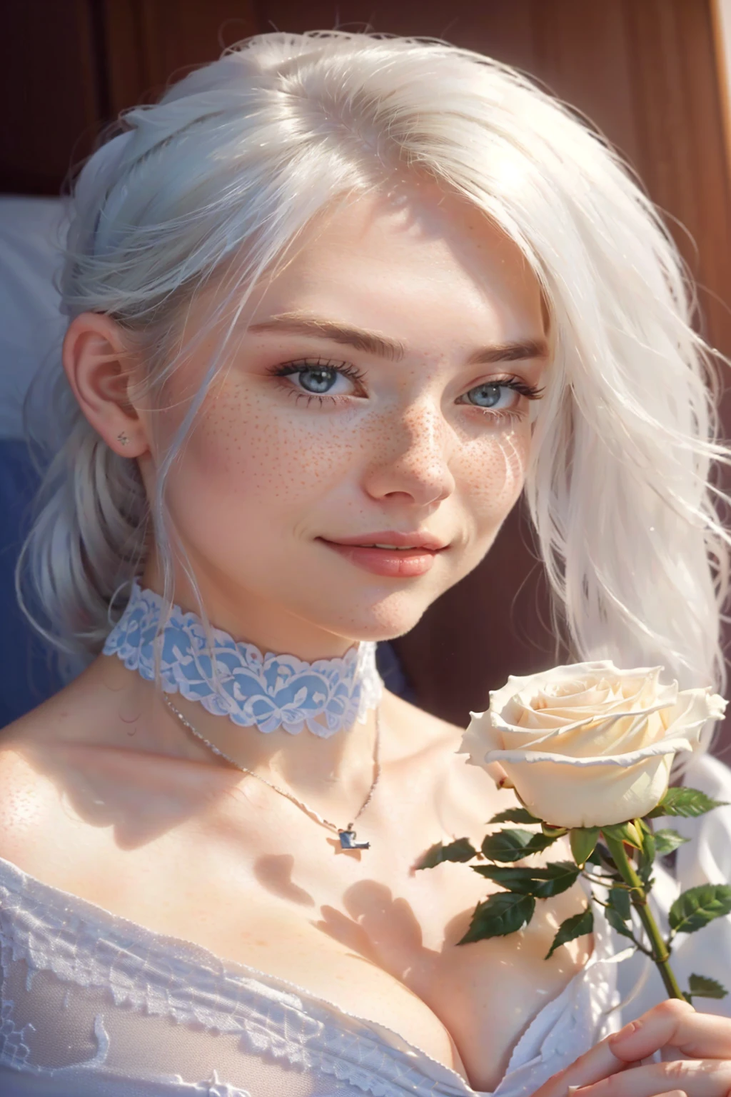 A 25-year-old girl named Victoria, with long white hair, very nice large-sized breasts, and a height of 1.76 meters, with a white British style. Victoria is beautiful, with an angelic face and light freckles around her nose. Victoria is wearing a sheer white nightgown with a heart-shaped neckline. Victoria is in her bedroom posing for photos, Victoria is holding a white rose, happy to be in her room.