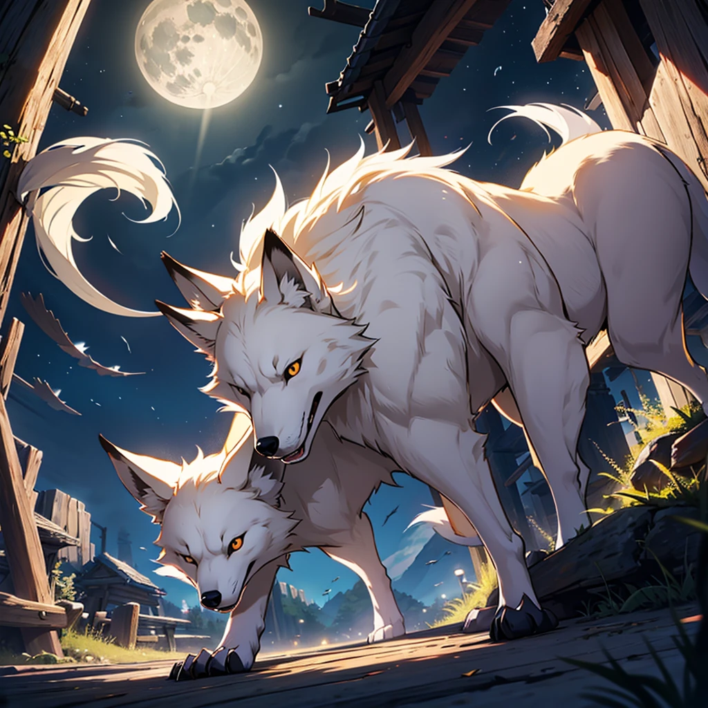 Moonlit night, A white fox with nine tails runs, Active fox behavior, angry fox