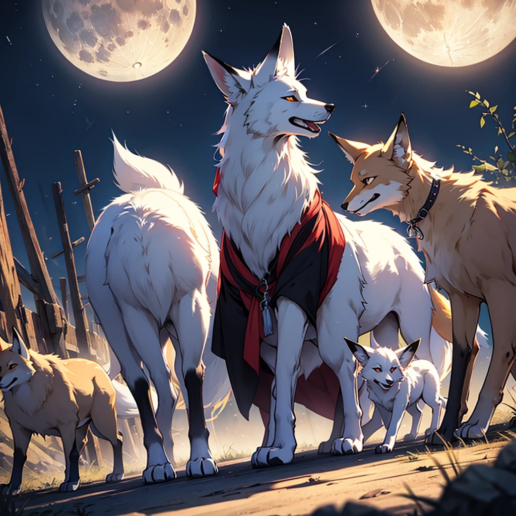 Moonlit night, A white fox with nine tails runs, Active fox behavior, angry fox