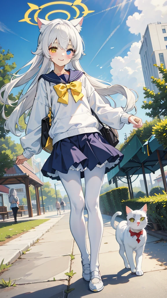 White hair，Long hair，Cat ear，Heterochromia（Blue on the left and yellow on the right），Campus clothing，White pantyhose，Loli body type，Smile，Halo，in the park