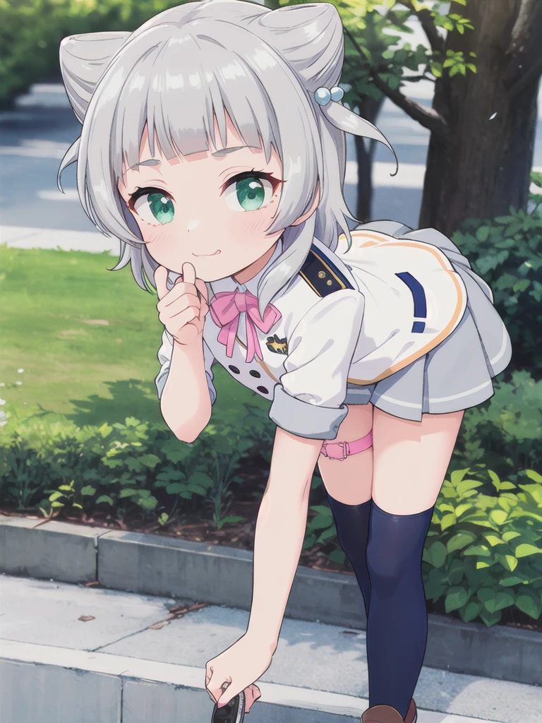 Outdoor,((the way)),, 1girl,Green Eyes, Grey Hair, hair ornaments, bangs, Virtual YouTuber, blunt bangs, Double Bang, Animal ears, Flat Chest,uniform,Navy Blue Blazer,White shirt,Pink ribbon,Grey Skirt,Pink Panties,I have a pink camera,Face down on the ground,Hold the camera,subject_Cat