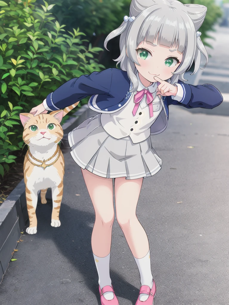 Outdoor,((the way)),, 1girl,Green Eyes, Grey Hair, hair ornaments, bangs, Virtual YouTuber, blunt bangs, Double Bang, Animal ears, Flat Chest,uniform,Navy Blue Blazer,White shirt,Pink ribbon,Grey Skirt,Pink Panties,I have a pink camera,Face down on the ground,Hold the camera,subject_Cat