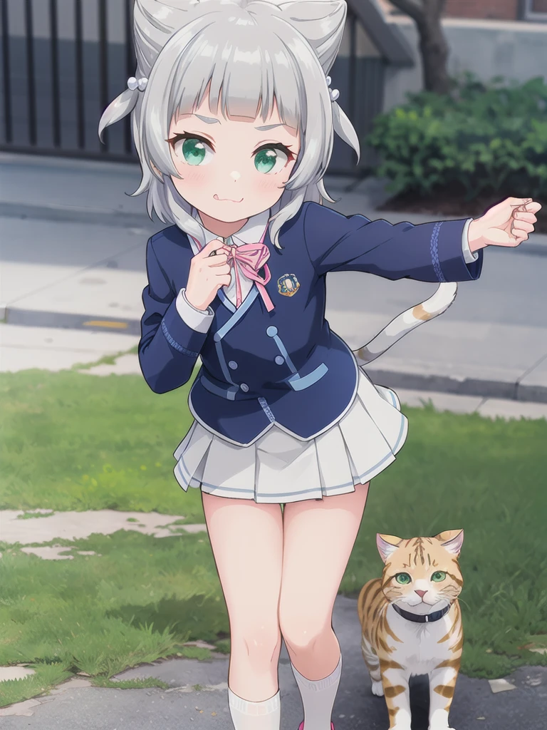 Outdoor,((the way)),, 1girl,Green Eyes, Grey Hair, hair ornaments, bangs, Virtual YouTuber, blunt bangs, Double Bang, Animal ears, Flat Chest,uniform,Navy Blue Blazer,White shirt,Pink ribbon,Grey Skirt,Pink Panties,I have a pink camera,Face down on the ground,Hold the camera,subject_Cat