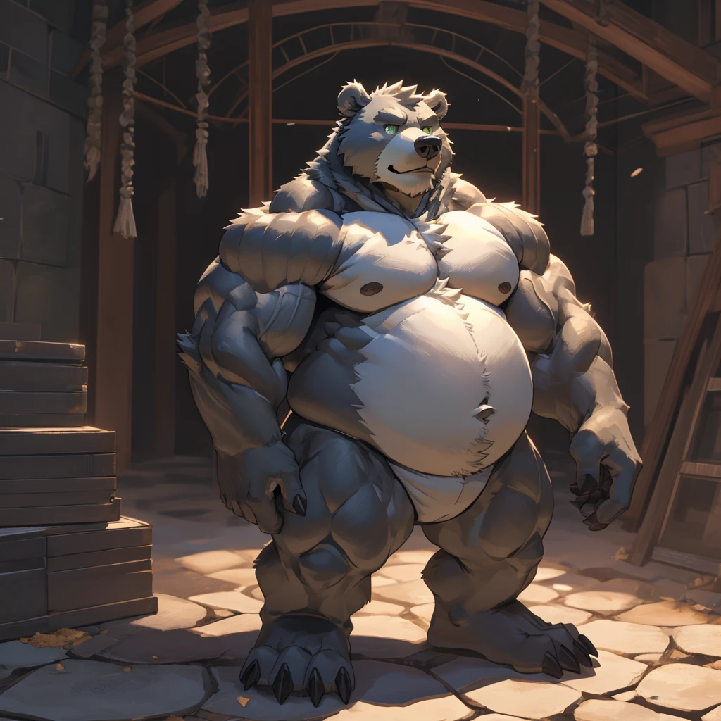 (full body, solo, 1boy, grey bear, full body grey fur), (grey skin, grey skinned), young boy, (furry bear), muscle gut, nude, shirtless, completely naked, (slit), short-legged body, big claw feet, green eyes, tusk long