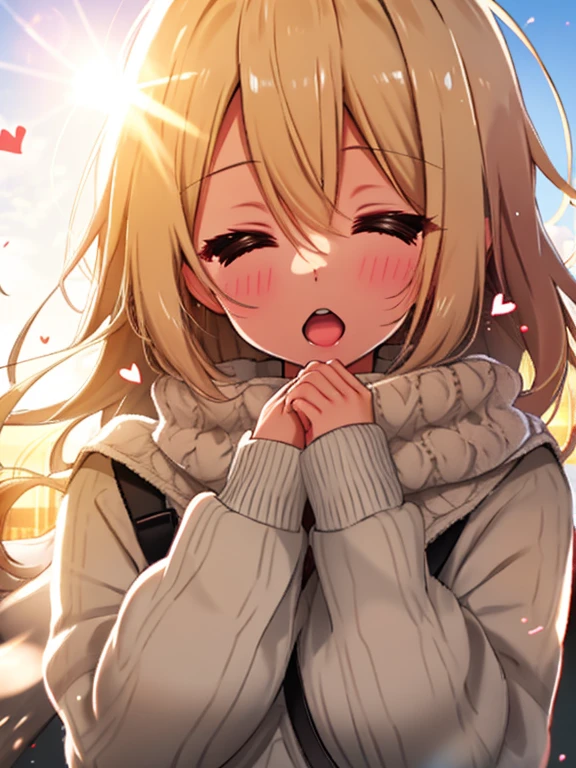 girl, Wear a cozy sweater, Upper Body, (LOL:1.1), (Open your mouth:1.1), (Eyes Wide Open:1.2), Sun glare, Bokeh, Depth of written boundary, Blurred Background, Particles of light, Strong winds, (Heart Particles:1.1)