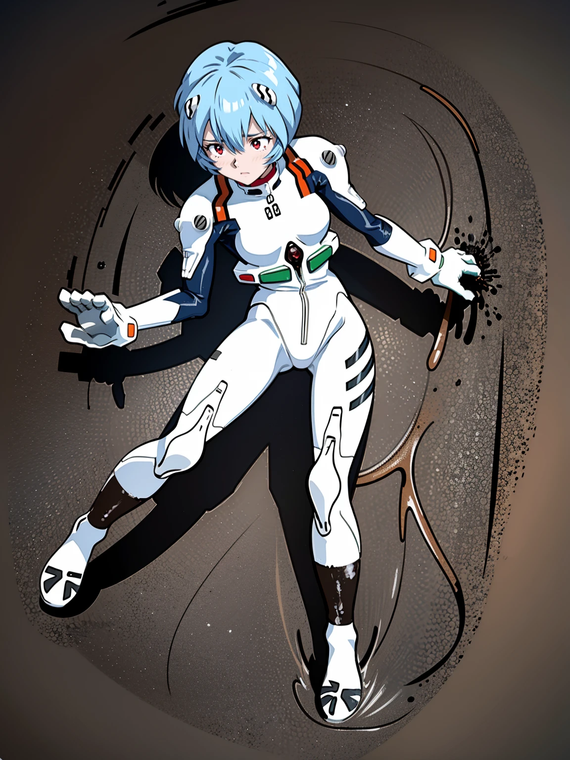 ((Highest quality, 8k wallpaper)),(masterpiece, Highest quality),Very detailed,High resolution,(Official Art:1.3),(((Anime screenshots,Black outline))),One girl,alone, Break mer1,(Rei Ayanami {Neon Genesis Evangelion,}1.2),masterpiece, best quality, outdoor, 1girl, Solo,red eyes,short hair,blue hair, (White plug suit:1.4), skin tight,(backlight, shaded face, cross-eyed, rolling eyes, empty eyes, jitome, raised eyebrows, one eye closed:1.3),(((Covered in sweat, Mass sweat, Sweating profusely,steam:1.7))), (((fighting stance, knees together feet apart, leaning forward, holding own arm, bent legs:1.8))), (Dirty Costume with mud:1.5),(((独奏, cowboy shot:1.3))), (blue-sky, Bottomless Swamp, dense woods, water lands:1.4),(((Drowning in a mud swamp,partially submerged:1.6))),
