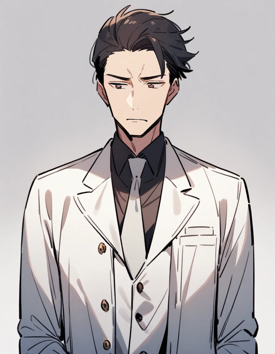 A suspicious man in a white coat, Calm expression, 40s