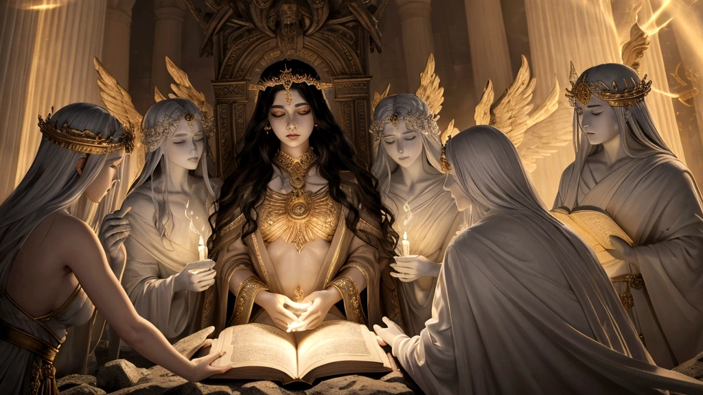 "A dramatic and detailed scene of countless souls rising from the sea, graves, and Hades, depicted as ethereal figures emerging from various locations. In the center, a grand throne room filled with an ethereal glow where angels are assisting in opening large, ancient books filled with golden script. Each soul stands before an angel holding a book, their deeds illuminated in the pages. Expressions on the faces of the souls range from hopeful to fearful, capturing the intensity and anticipation of the moment. The divine light casts a serene yet powerful atmosphere, emphasizing the meticulous and just nature of the judgment."