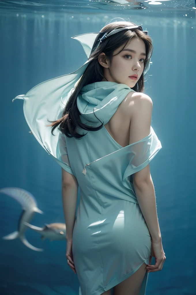 (((best quality))),(((ultra detailed))),(((masterpiece))),illustration,(1 beautiful girl,shark girl,solo),((slim,thin)),((bare back,towering hips,butt crack)),aquarium,summer night,(sleek sharkhead-hooded shirt-dress:1.3),shimmering hues,enchanting aura,(shoulder length straight bob hair:1.2),ocean-blue locks,shiny seaweed,porcelain skin,neon lights,emerald eyes,sharp gaze,delicate shark fin,translucent membrane,dancing fish,vibrant colors,undulating water,salty scent,distant waves,coral reef,gentle shadows,serene ambiance,electric atmosphere,Alezandra,oceanic magic,allure,enchantment,vision,extraordinary presence,((from back,upper body))