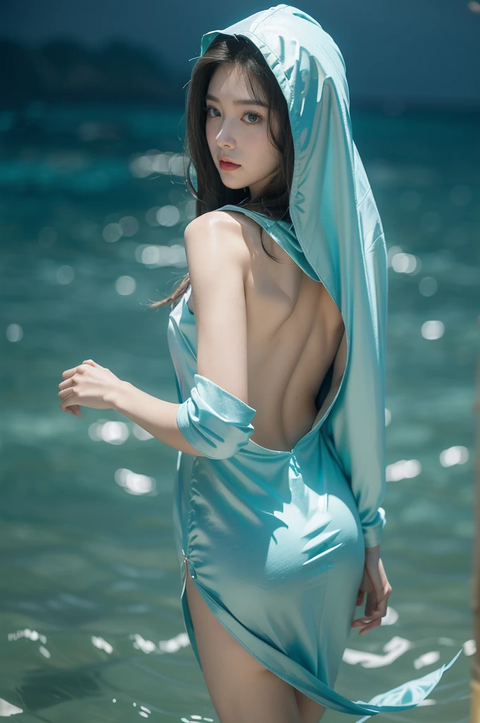 (((best quality))),(((ultra detailed))),(((masterpiece))),illustration,(1 beautiful girl,shark girl,solo),((slim,thin)),((bare back,towering hips,butt crack)),aquarium,summer night,(sleek sharkhead-hooded shirt-dress:1.3),shimmering hues,enchanting aura,(shoulder length straight bob hair:1.2),ocean-blue locks,shiny seaweed,porcelain skin,neon lights,emerald eyes,sharp gaze,delicate shark fin,translucent membrane,dancing fish,vibrant colors,undulating water,salty scent,distant waves,coral reef,gentle shadows,serene ambiance,electric atmosphere,Alezandra,oceanic magic,allure,enchantment,vision,extraordinary presence,((from back,upper body))