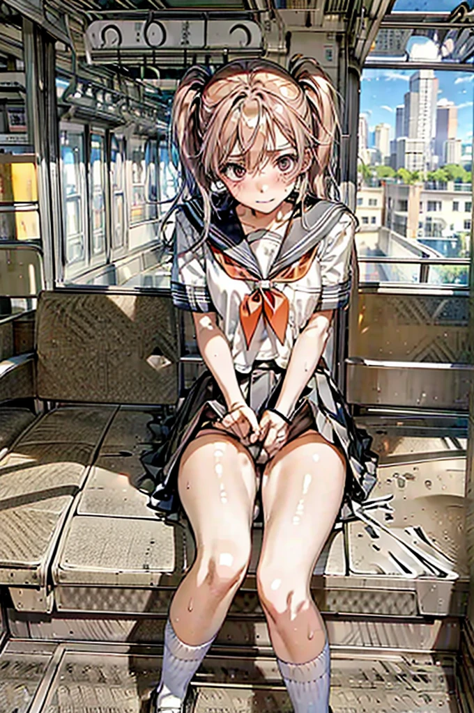 Under ,Open the first button.,clasp hands between thighs,Panty drop,twin tail,POV,Shiny, sweaty thighs:1.5,open legs,Japanese , sitting on a train,Green sheet,reading a book,sailor uniform, white shirt, red ribbon, brown leather shoes, skirt lift,black skirt,black high socks, embarrassed expression,train interior, morning light, calm atmosphere, urban setting, high quality, highly detailed, realistic photo, intricate details