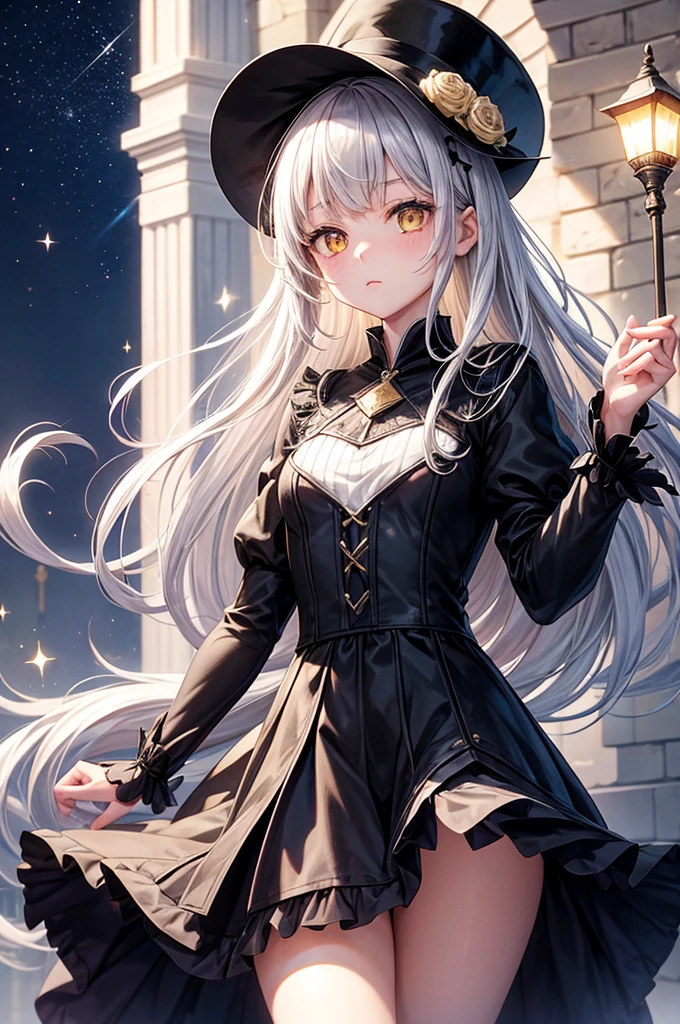 1 girl, expressionless, Japanese face, 16 years old, cute girl, have one's hair cut in a row and Hide your forehead with bangs and hairstyle with the bangs cut in half and Beautiful straight light gray long hair, beautiful yellow and golden eyes, thin body, No muscles, Roses and Camellia, Moonlight and Castle, wizard, Big magic wand, gothic skirt, magical girl, little Medieval Dress, Princess Dresses, Big black hat, light particles, light sparkles, lens flare, Light particles, Magic light, strong light