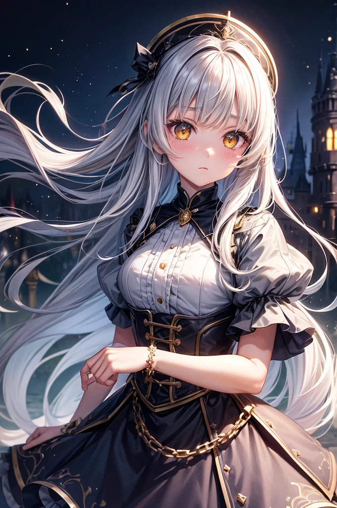 1 girl, expressionless, Japanese face, , cute girl, have one's hair cut in a row and Hide your forehead with bangs and hairstyle with the bangs cut in half and Beautiful straight light gray long hair, beautiful yellow and golden eyes, thin body, No muscles, Roses and Camellia, Moonlight and Castle, wizard, Big magic wand, gothic skirt, magical girl, little Medieval Dress, Princess Dresses, Big black hat, light particles, light sparkles, lens flare, Light particles, Magic light, strong light