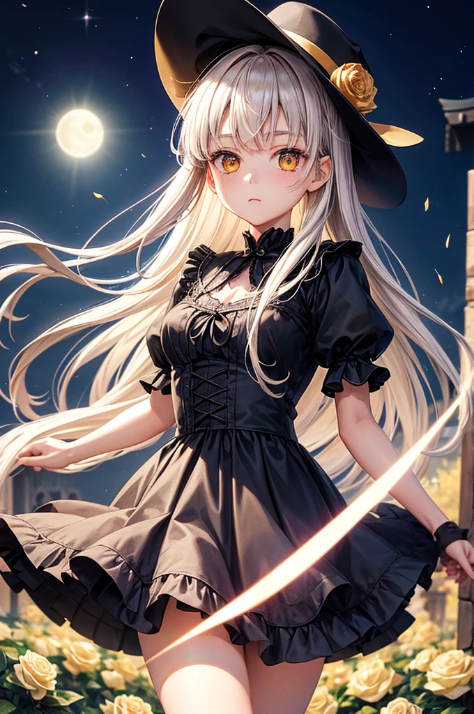 1 girl, expressionless, Japanese face, , cute girl, have one's hair cut in a row and Hide your forehead with bangs and hairstyle with the bangs cut in half and Beautiful straight light gray long hair, beautiful yellow and golden eyes, thin body, No muscles, Roses and Camellia, Moonlight and Castle, wizard, Big magic wand, gothic skirt, magical girl, little Medieval Dress, Princess Dresses, Big black hat, light particles, light sparkles, lens flare, Light particles, Magic light, strong light