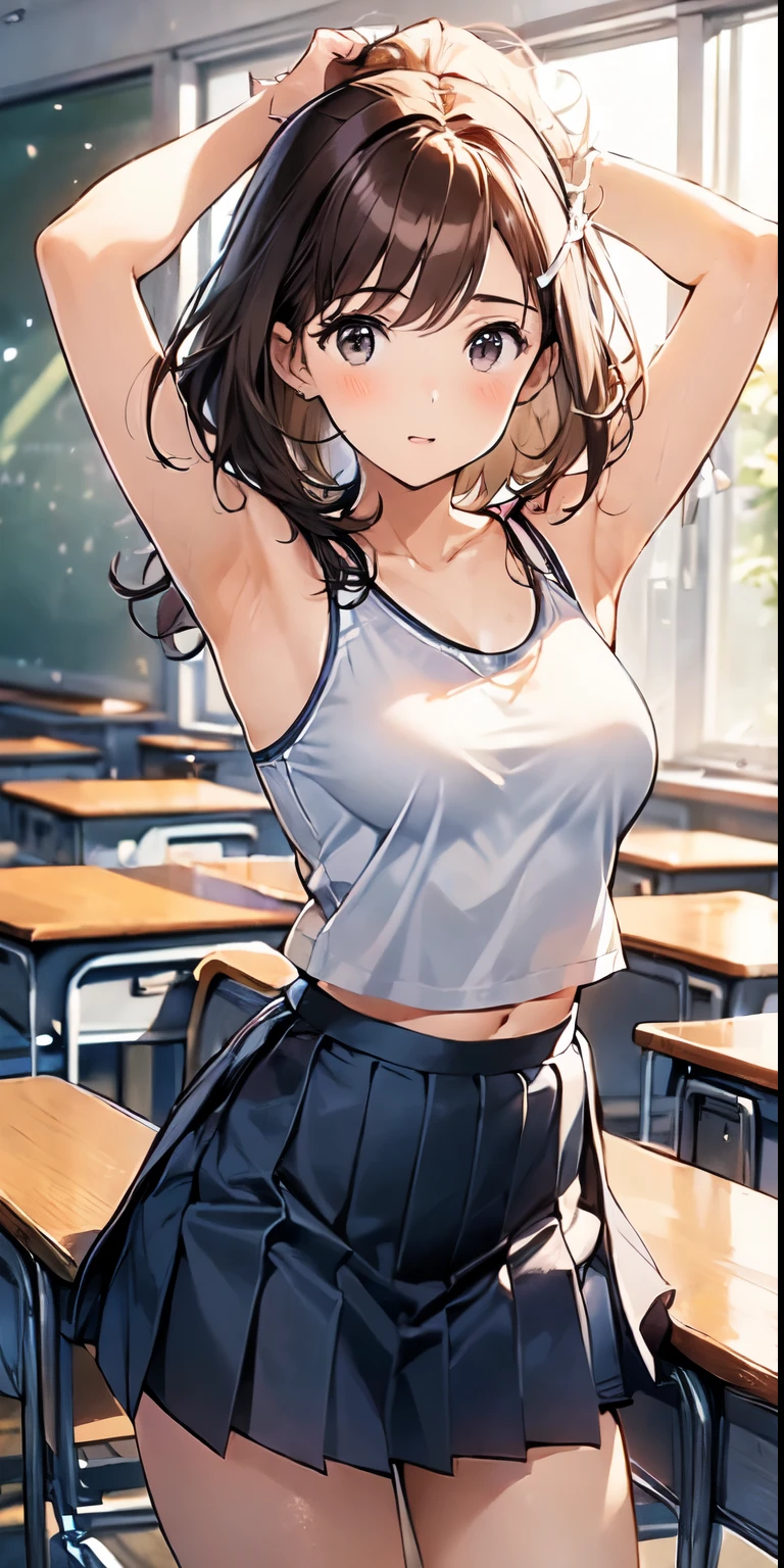 (((a girl changing of clothes))), (((in classroom ))),delicate and cute girls with brown hair,(((white camisole ))),((pleated  navy miniskirt)),、14years、Super8K Ultra High Definition、Delicate texture、 Medium Hair、flat chest、((()))、((()))、Plain clothes,nsfw,big breast,classroom,,peeping scene,(((girl changing of clothes))),showing armpit