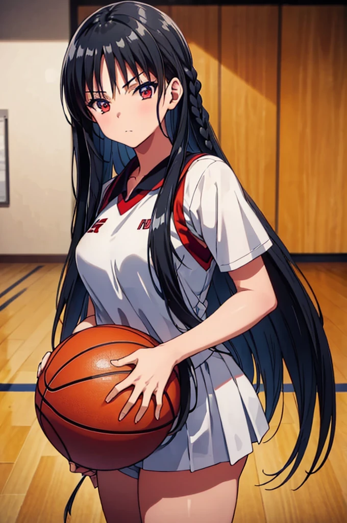 (masterpiece:1.3), (best quality:1.1), (8k, ultra detailed, ultra high res:1.2), ((anime style)), perfect 5 fingers, perfect anatomy,
1girl,
BREAK long hair, braid,
black hair,
red eyes,
(medium breasts:0.9),
basketball wear,
looking at viewer, cowboy shot,
perfect light,
(detailed background:1.1), inside, indoors, Gymnasium, basketball, (Basketball court:1.1),