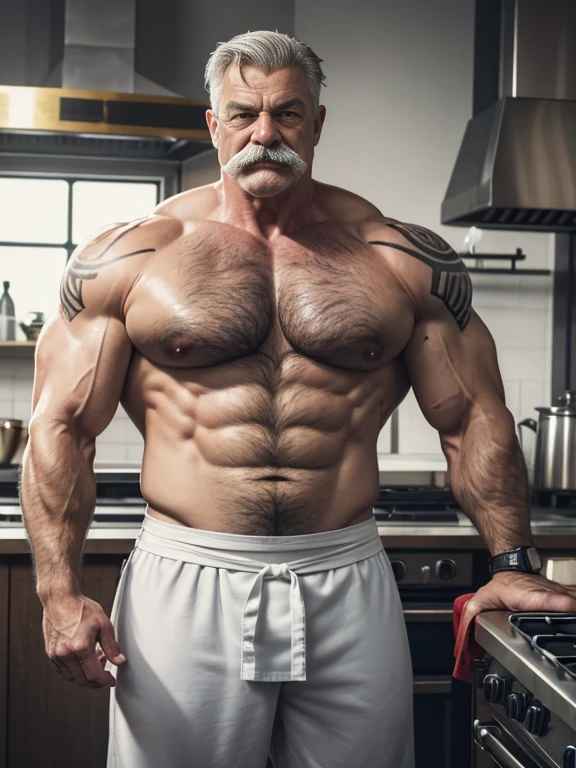 Bare-chested superhero chef, extremely old, more than 80 years, very muscular, of more than 200 kg, Nordic bare-chested, large and flaccid pectorals, huge brown nipples with brass rings, very long gray hair and big gray mustaches with huge tattooed arms in a kitchen with white pants and a white chef'the boss