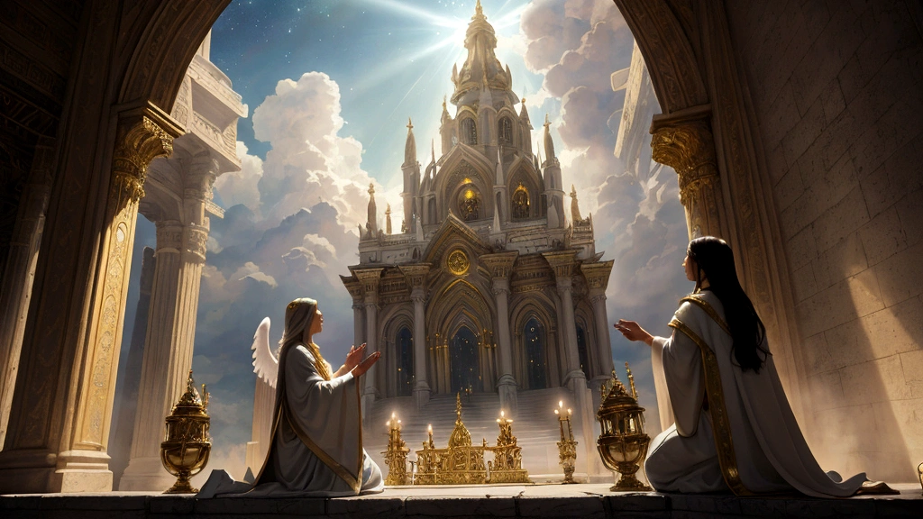 "A breathtaking celestial cityscape bathed in ethereal light, featuring the majestic throne of God and the Lamb at its heart. The city is adorned with shimmering streets of gold and walls of jasper, reflecting the purity and magnificence of its divine inhabitants. Angels and redeemed souls, depicted with faces radiant with joy and awe, gather around the throne in adoration and service. The atmosphere is serene and filled with an otherworldly peace, symbolizing the absence of any curse or darkness. A soft, divine light emanates from the throne, casting gentle shadows on the gleaming surfaces of the city."