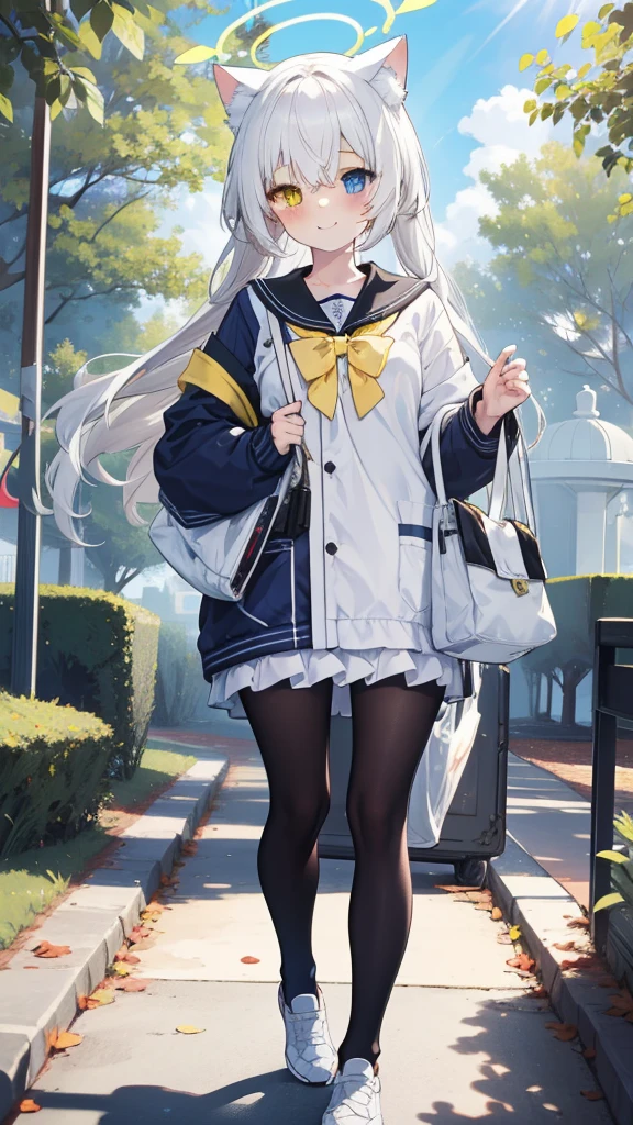 White hair,Long hair,Cat ear,Heterochromia(Blue on the left and yellow on the right),Campus clothing,White pantyhose, body type,Smile,Halo,in the park