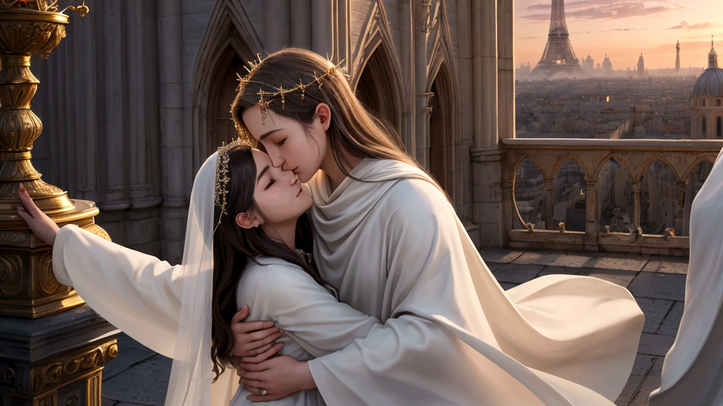 "A tender moment captured amidst the heavenly splendor, where redeemed souls stand in the presence of God and the Lamb. Each soul bears the name of God on their forehead, symbolizing their intimate relationship and eternal bond with Him. The faces of the redeemed are illuminated with pure joy as they gaze upon the radiant countenance of God. The scene is filled with a sense of everlasting peace and fulfillment, conveyed through gentle embraces and gestures of reverence. In the background, the city of light glows softly, echoing the promise of eternal reign and communion with God."