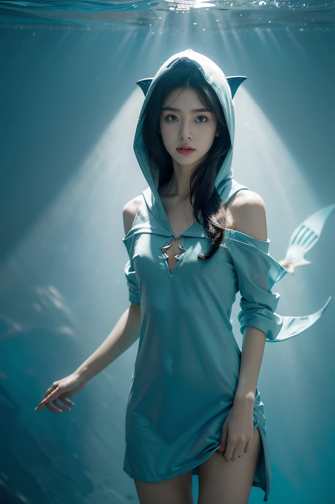 (((best quality))),(((ultra detailed))),(((masterpiece))),illustration,(1 beautiful girl,shark girl,solo),((slim,thin,small breasts,flat chest)),aquarium,summer night,(sleek sharkhead-hooded shirt-dress:1.3),shimmering hues,enchanting aura,(shoulder length straight bob hair:1.2),ocean-blue locks,shiny seaweed,porcelain skin,neon lights,emerald eyes,sharp gaze,delicate shark fin,translucent membrane,dancing fish,vibrant colors,undulating water,salty scent,distant waves,coral reef,gentle shadows,serene ambiance,electric atmosphere,Alezandra,oceanic magic,allure,enchantment,vision,extraordinary presence,((from front,upper body))