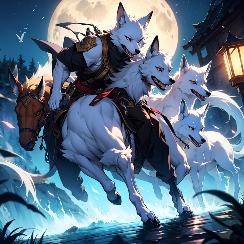 Moonlit night, A white fox with nine tails runs, Active fox behavior, angry fox