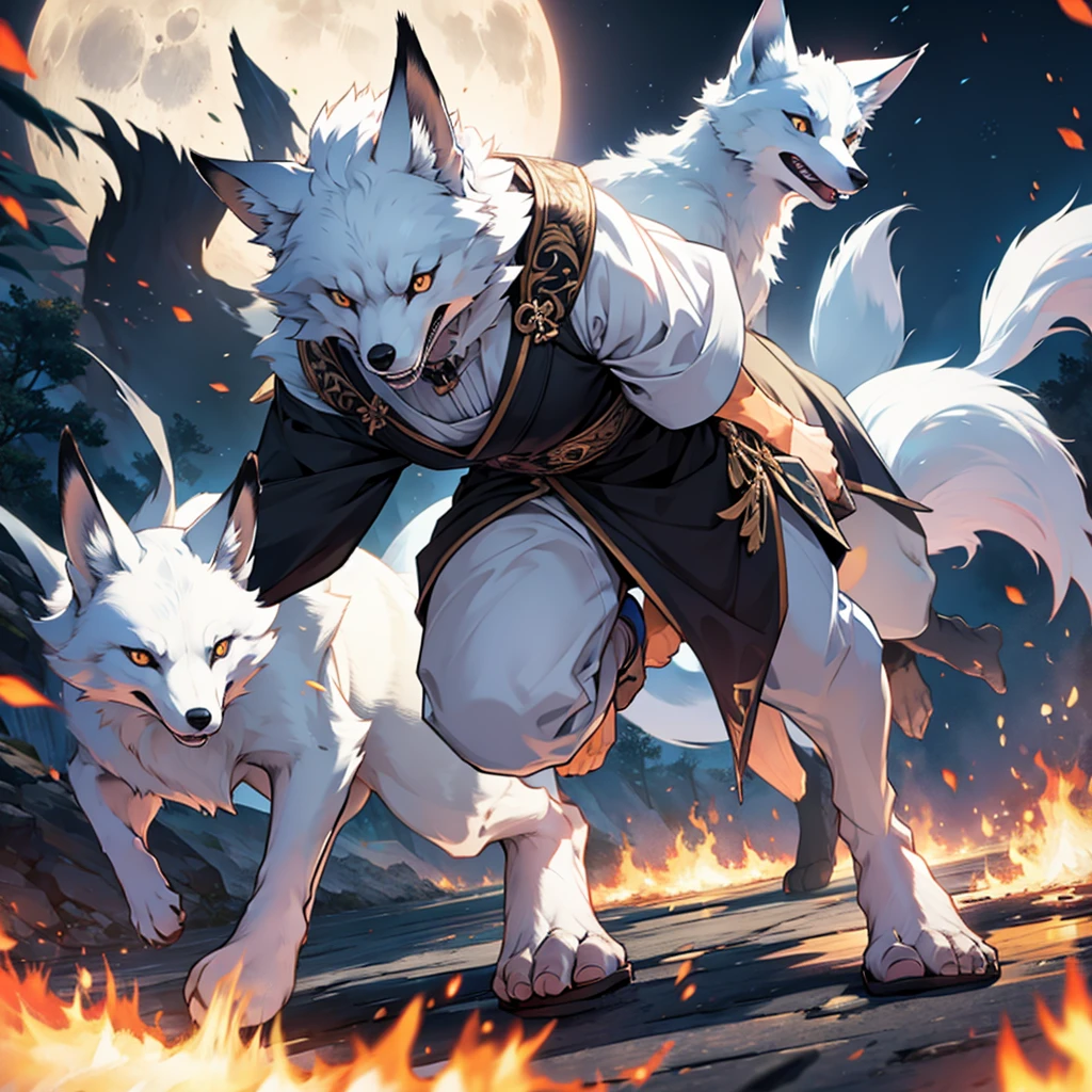 Moonlit night, A white fox with nine tails runs, Active fox behavior, angry fox