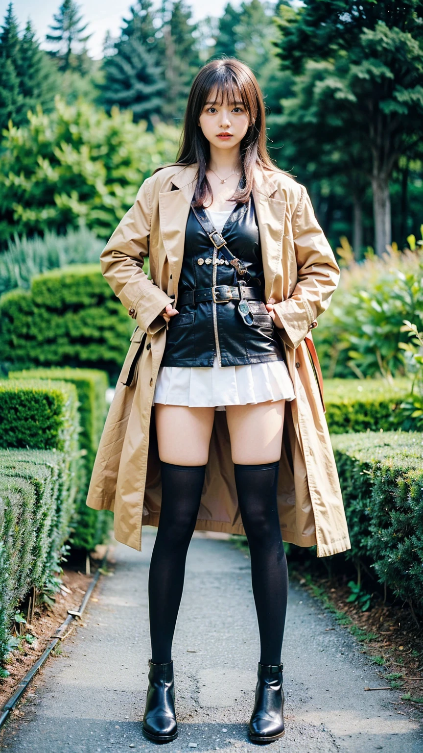 (8K、RAW Photos、Highest quality、masterpiece:1.2)、(Realistic、Realistic)、1 Girl、((mini skirt、coat、black、Thin legs、whole body、boots、one piece、tights、garden、View from the front、Looking into the camera、belt、Stand with hands on hips))、cute