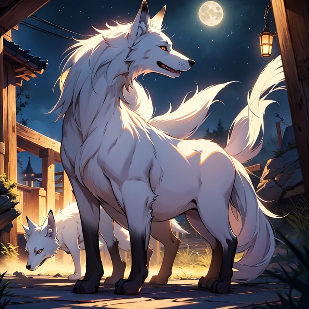 Moonlit night, A white fox with nine tails runs, Active fox behavior, angry fox