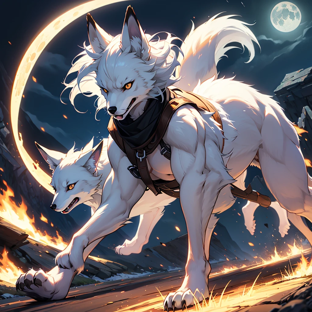 Moonlit night, A white fox with nine tails runs, Active fox behavior, angry fox