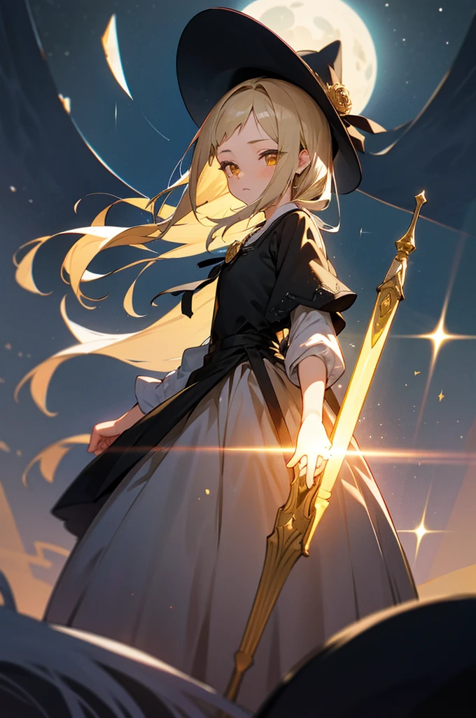 1 girl, expressionless, Japanese face, , cute girl, have one's hair cut in a row and Hide your forehead with bangs and hairstyle with the bangs cut in half and Beautiful straight light gray long hair, beautiful yellow and golden eyes, thin body, No muscles, blue Roses and red Camellia, Moonlight and Castle, wizard, Big magic wand, gothic skirt, magical girl, little Medieval Dress, Princess Dresses, Big black hat, light particles, light sparkles, lens flare, Light particles, Magic light, strong light