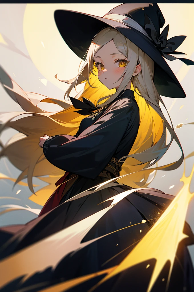 1 girl, expressionless, Japanese face, 16 years old, cute girl, have one's hair cut in a row and Hide your forehead with bangs and hairstyle with the bangs cut in half and Beautiful straight light gray long hair, beautiful yellow and golden eyes, thin body, No muscles, blue Roses and red Camellia, Moonlight and Castle, wizard, Big magic wand, gothic skirt, magical girl, little Medieval Dress, Princess Dresses, Big black hat, light particles, light sparkles, lens flare, Light particles, Magic light, strong light