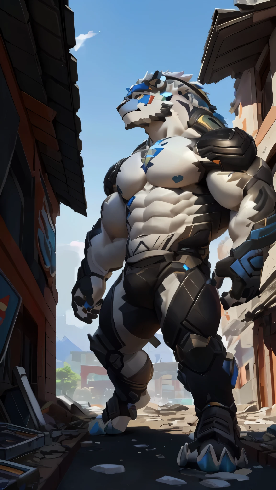 Araffe in black and white standing on the street, reinhardt 来自 Overwatch, 来自 Overwatch, Male killer whale, SFW version, Male anthropomorphic dragon,Heavyweight,doomfist 来自 Overwatch, Muscular personality,Standing in the ruins,Human Paw Perspective Art, As《Overwatch》Role, Roland Zierwinsky 3D Rendering Art, OverwatchRole概念艺术, Super charming and cool