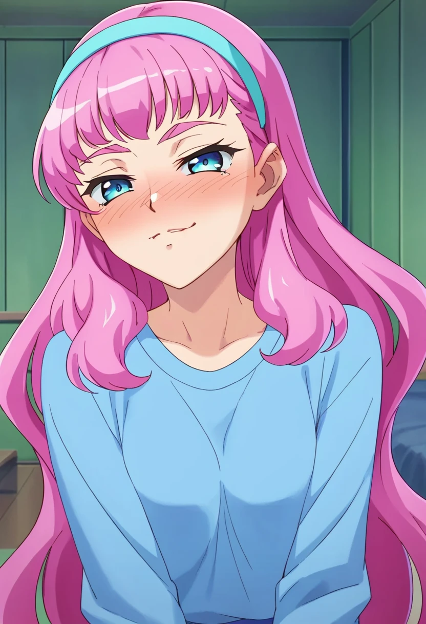 score_9, score_8_up, score_7_up, 
1girl,  Laura la Mer, pink hair, blue eyes, pink eyebrows, long hair, blue hairband, narrowed eyes, naughty face, blush, looking at viewer, upper body, face, indoors,