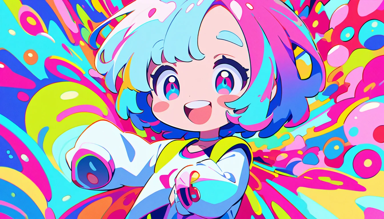 Vibrant art,pop、bright、colorful, 1 female, Light blue hair, short hair、Happy,cute, Animation Style, cute, clearly, colorful cyberpunk, bubblegum pop, cute、Pink and light blue as main colors、I'Cheer loudly、 Wearing headphones、Headphones、buzzer、buzzer, tropical,