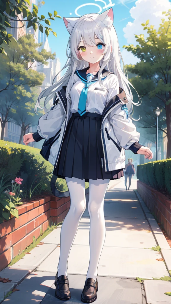White hair,Long hair,Cat ear,Heterochromia(Blue on the left and yellow on the right),Campus clothing,White pantyhose,Loli body type,Smile,Halo,in the park