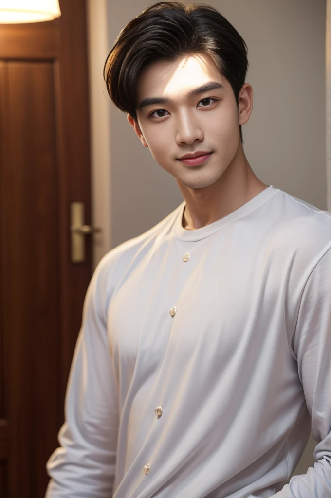 male handsome 20-year-old handsome shirt guy,looking to the camera,frontage,high qulity,tmasterpiece,8K.4K,1080P,Light-sensitive, ยิ้ม, ,มุมกว้าง