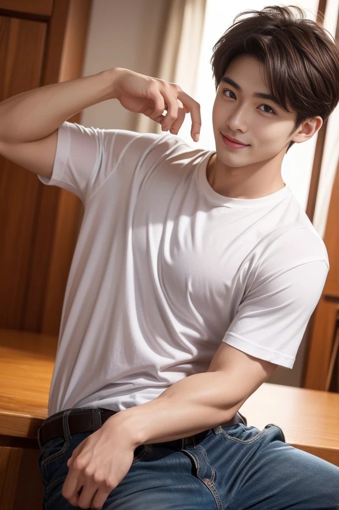male handsome 20-year-old handsome shirt guy，looking to the camera，frontage，high qulity，tmasterpiece，8K.4K,1080P，Light-sensitive, ยิ้ม, ,มุมกว้าง