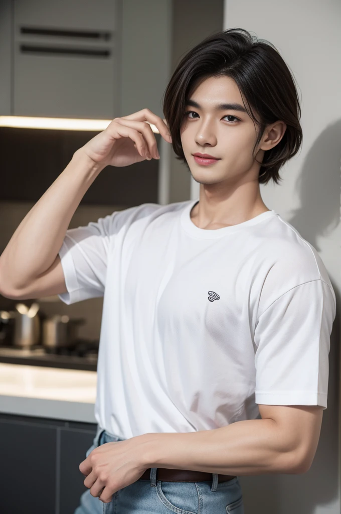 male handsome 20-year-old handsome shirt guy,looking to the camera,frontage,high qulity,tmasterpiece,8K.4K,1080P,Light-sensitive, ยิ้ม, ,มุมกว้าง