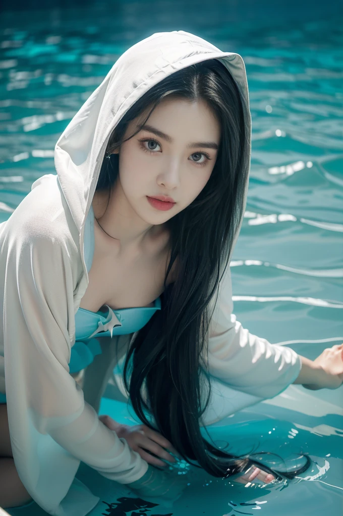 (((best quality))),(((ultra detailed))),(((masterpiece))),illustration,(1 beautiful girl,shark girl,solo),((slim,thin,small breasts,flat chest)),aquarium,summer night,(sleek strapless sharkhead-hooded bra:1.3),shimmering hues,enchanting aura,(shoulder length straight bob hair:1.2),ocean-blue locks,shiny seaweed,porcelain skin,neon lights,emerald eyes,sharp gaze,delicate shark fin,translucent membrane,dancing fish,vibrant colors,undulating water,salty scent,distant waves,coral reef,gentle shadows,serene ambiance,electric atmosphere,Alezandra,oceanic magic,allure,enchantment,vision,extraordinary presence,((from front,close-up of face))