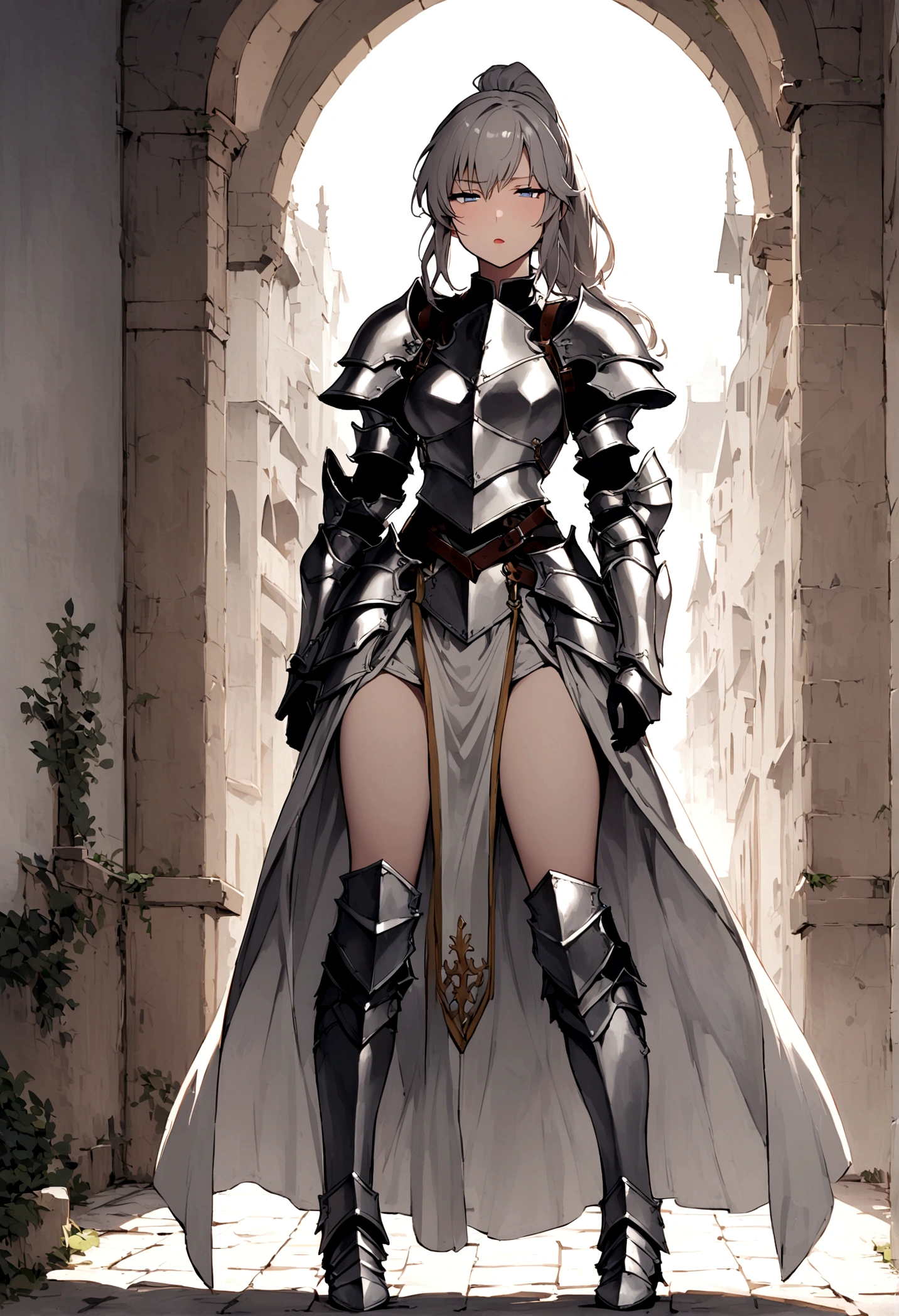 Beautiful girl knight in armor, Gray Hair, tsurime, fantastic, Face your body forward like a certificate photo, shoot from front, Ponytail, Armor Girl, beautiful female knight, Female Paladin, pale blue eyes, narrowed eyes squint, Talking mouth, full body